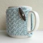 Crochet Mug Cozy Cup Cozy egg shell Blue Yarn wooden toggle