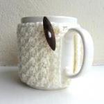 Crochet Mug Cozy Cup Cozy Ivory Cream Yarn Wooden..