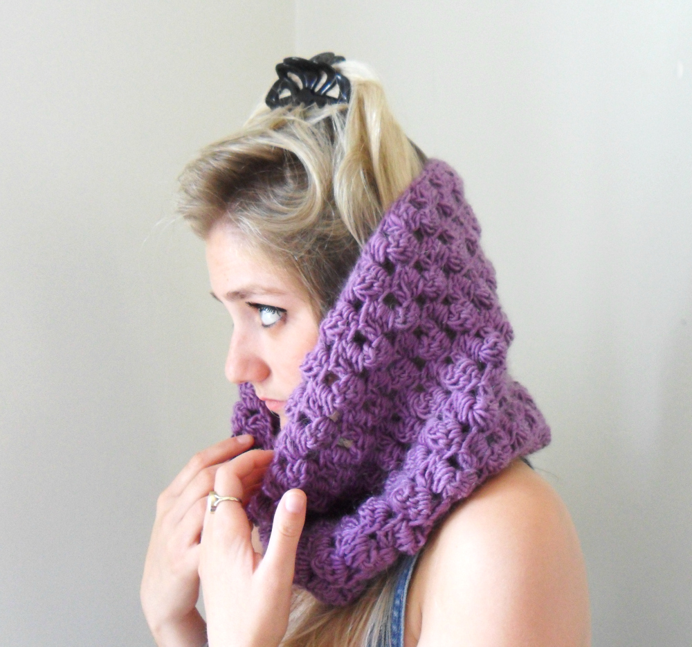 Crochet Cowl Pink Purple Chunky Wool Infinity Scarf Autumn Winter