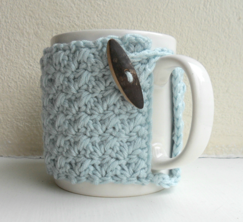 Crochet Mug Cozy Cup Cozy Egg Shell Blue Yarn Wooden Toggle
