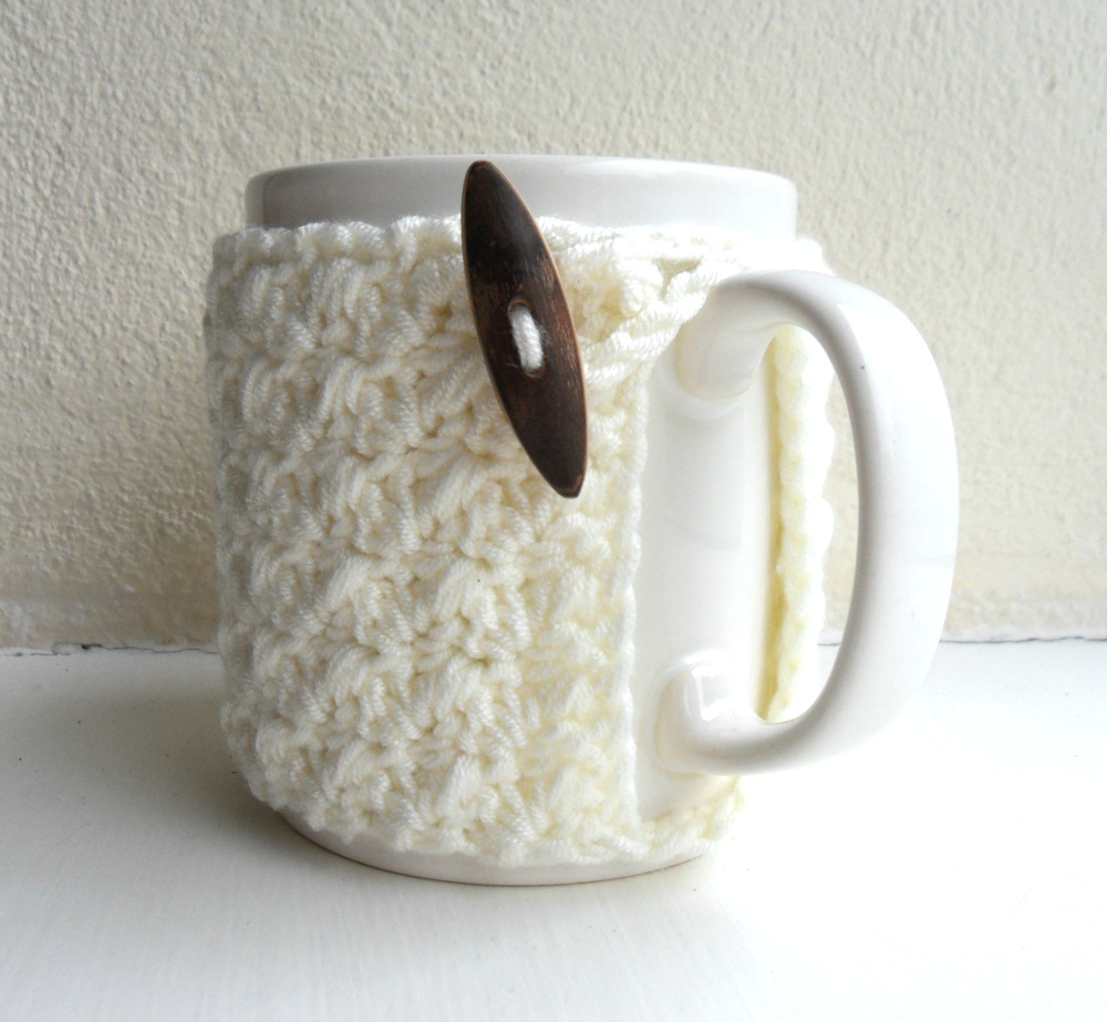 Crochet Mug Cozy Cup Cozy Ivory Cream Yarn Wooden Toggle